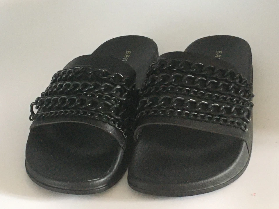 Sandalias planas de bambú negras para mujer talla 7 M tacón de mula punta abierta cadenas negras NUEVAS Foto 3 de 4