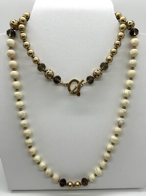 Vantage White Druzy Beads & Matt Finished Gold Beads With Toggle Clasp 35 Inch