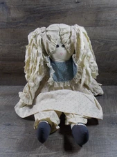 Primitive Rag & Cloth Doll 23" Country Farmhouse Decor, Blue & White, Rag Hair