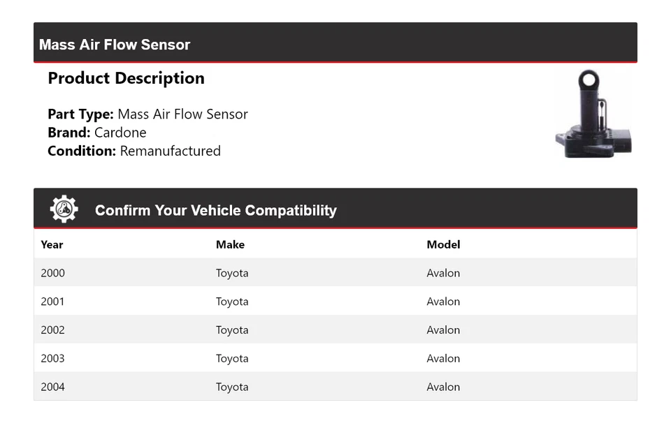 Sensor de flujo de aire masivo Cardone 2001 2002 2003 para Toyota Avalon 2000-2004 Foto 2 de 4
