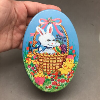Easter Egg Tin Box Vintage Hong Kong 5 1/2'' x 3 3/4'' Gift Co Bunny Chick Basket