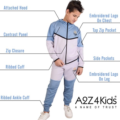 Kids Boys Tracksuit Kings Embroidered Sky Blue & White Hoodie Bottom Sportswear - Picture 7 of 7