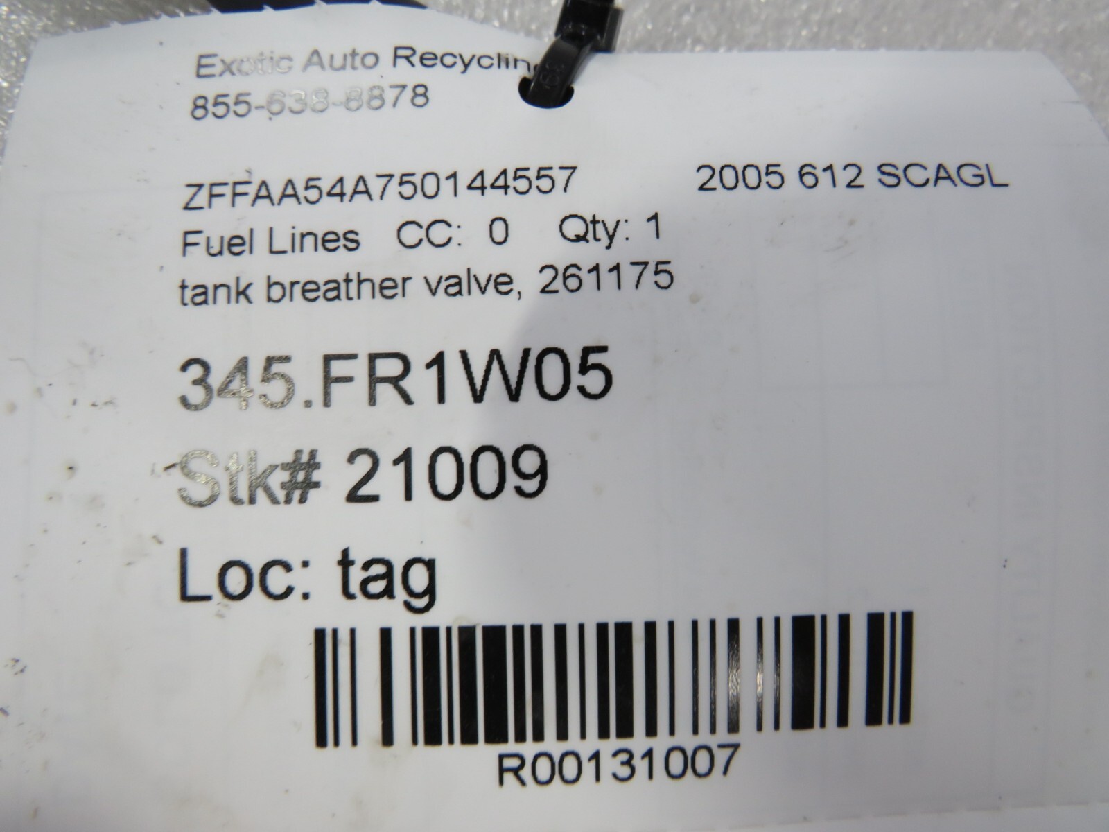 Ferrari 612 Scaglietti, Fuel Tank Breather Valve, Used, P/N 261175