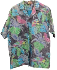 Barefoot in  Paradise Hawaiian Shirt, S/S, XL, Faded Black w/Parrots & Fronds