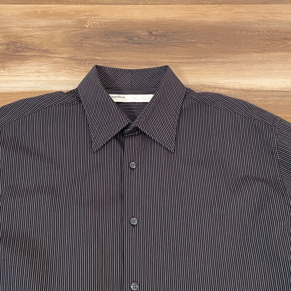 Vintage Perry Ellis Shirt Mens Large Y2K Striped French Cuffs Cotton Long Sleeve - Image 4 of 4