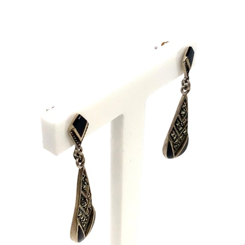 Vintage signierte Sterling Art Deco schwarzer Onyx Markasit Träne Ohrhänger - Bild 2 von 8