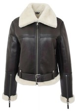 Womens Real Sheepskin Flying Jacket Aviator Pilot Raf Style Elsie Brown White