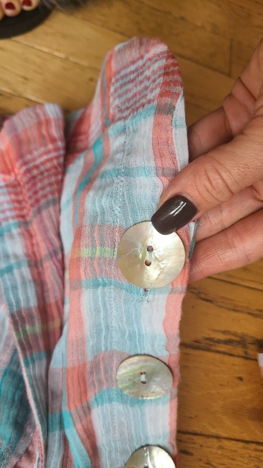 Camicia donna Soft Surroundings fila arcobaleno quadri lino pastello top blusa Medium P