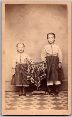 ANTIQUE CDV CIRCA 1870S JOSEPH EVEN YOUNG GIRLS PLAID DRESS MORRIS ILLINOIS