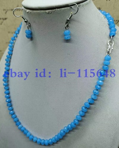 Jewelry Set Dainty 4x6mm Blue Faceted Jade Rondelle GemBead Necklace Earrings18" - Picture 5 of 6