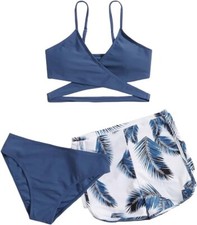 OYOANGLE Girl's 3 Piece Bikini Set Solid Blue Leaf Print Shorts For 12yos