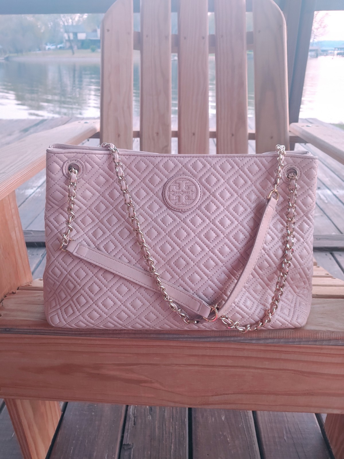 Tory Burch Pink Quilted Chain Designer Purse Bag Tote Classic Gold Hardware