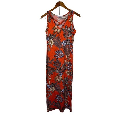 C est La Vie Bright Orange Floral Maxi Dress   Sleeveless   Polyester L