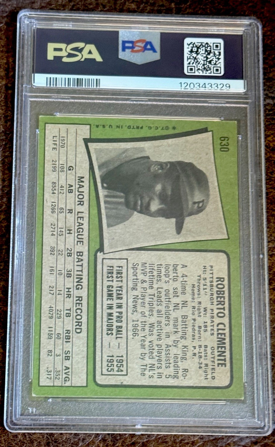 1971 Topps Roberto Clemente #630 Pirates PSA 4 view 2