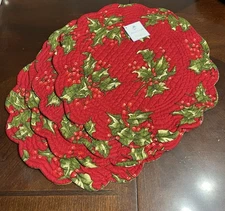 April Cornell Four Quilted Reversible Holiday Placemats Holly and Plaid Design