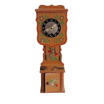 Vtg Germany Miniature Grandfather Wind Up Clock Wooden Frame Hand Painted READ