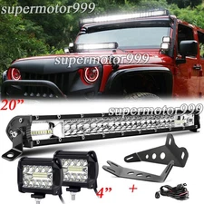 Mounting Brackets + 20'' LED Light Bar+4" Pods+Wire fit Jeep Wrangler JK 2007-17