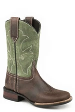 Roper Boys Kids Brown/Green Leather Monterey Cowboy Boots
