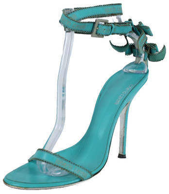 ROBERTO CAVALLI Vintage Turquoise Leather Bow Detail Ankle Wrap Heels Sandals 39