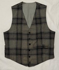 VTG Vest Gray Plaid Button Up Adjustable Waist Belt Wool Blend Lined Preppy