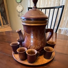 Handcrafted Wooden Coffee Tea Pot Set with Tray, 6 Cups, Floral Carving