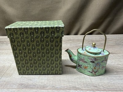 Vintage 1999 Empress Arts Bird Handpainted Enamel Copper Teapot Kettle Miniature