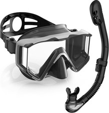Greatever Snorkeling Gear for Adults, 3 Window Snorkel Mask Black Silver