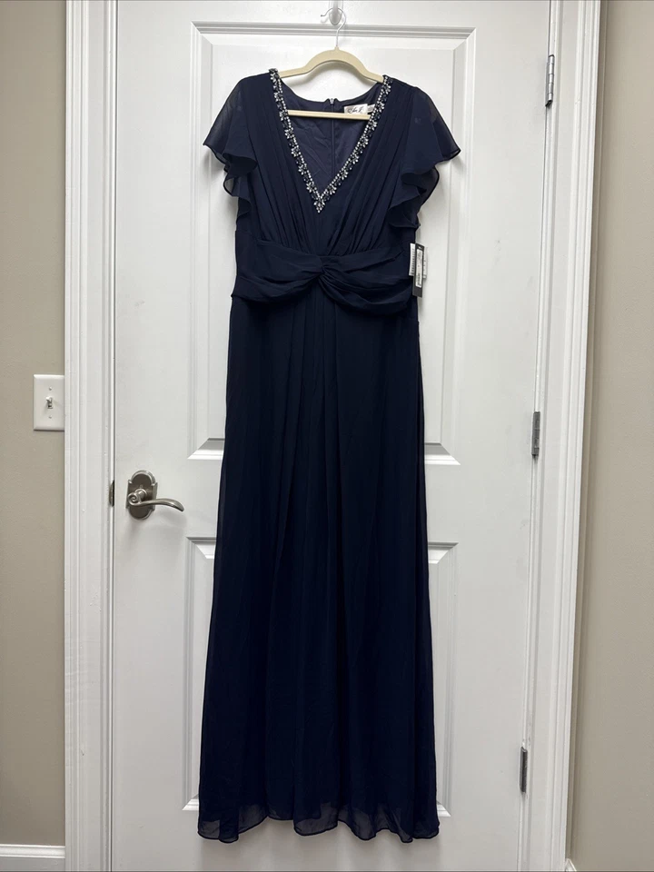 Vestido Eliza J Talla 14 Azul Marino Cintura Torcida Gasa Manga Acampanada Cuentas Cuello en V Foto 4 de 4