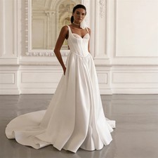 New Thin Straps Sweetheart Neckline Satin A-Line Wedding Dress Lace-up Back