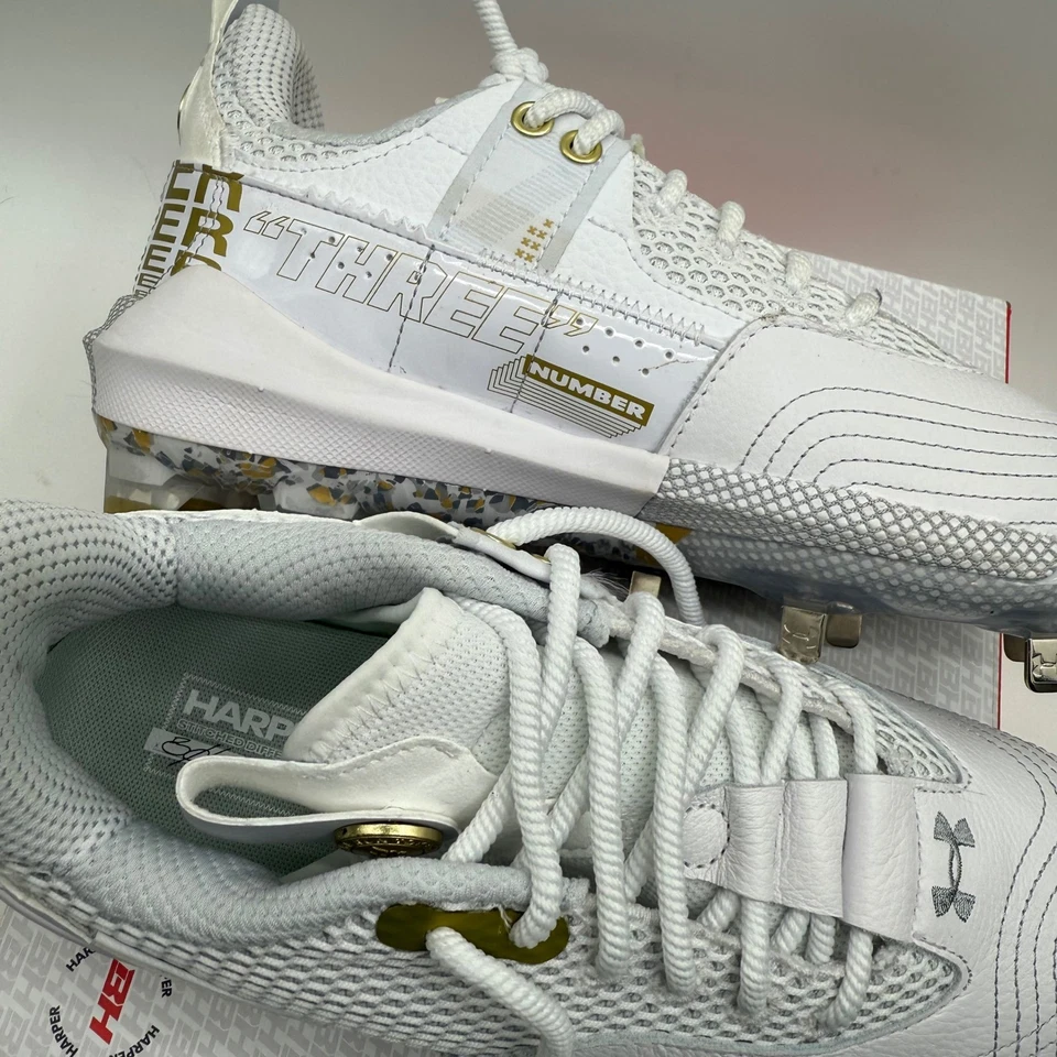 Under Armour UA Harper 7 Low ST White Gold Baseball Cleats Men's Size 12 - Image 3 of 4