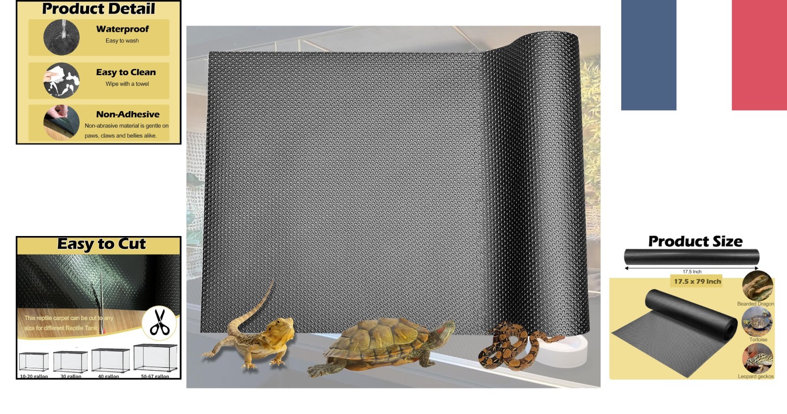 Tapis reptile lavable et résistant de 45x200cm, fond de terrarium anti-dérapant