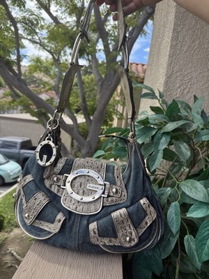 Guess dark wash denim shoulder bag silver logo buckle y2k vintage grunge
