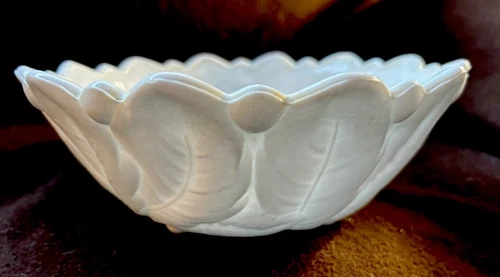 Milk Glass BOWL - Flower & Leaves - Embossed - White Footed 9 Inch- Excellent