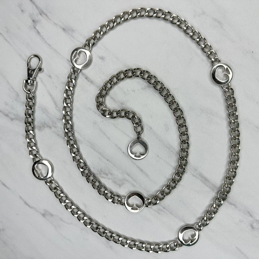 Kate Spade Silver Tone Curb Chain Spade Logo Charm Station Belt One Size (OS) ✨ Kate Spade Chain belt Silver tone Spade Logo Bow Charms | eBay main image 2