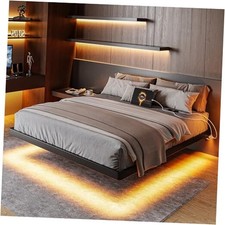  Size Floating Bed Frame with Charging Station and Led Lights, Metal Bed King