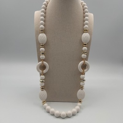 Vintage White Gold Tone Chunky Bead Statement Necklace Single Strand Retro 26''