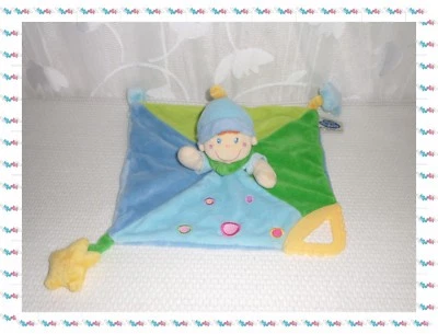 S - Doudou Plat Carré Lutin Garçon Clown Bleu Vert Ronds Brodés Mots d'Enfants - Photo 1/2