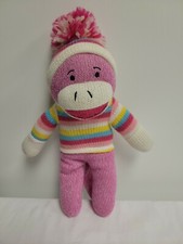 Dan Dee Plush Pink SOCK MONKEY Stuffed Animal 10" WINTER HAT RAINBOW