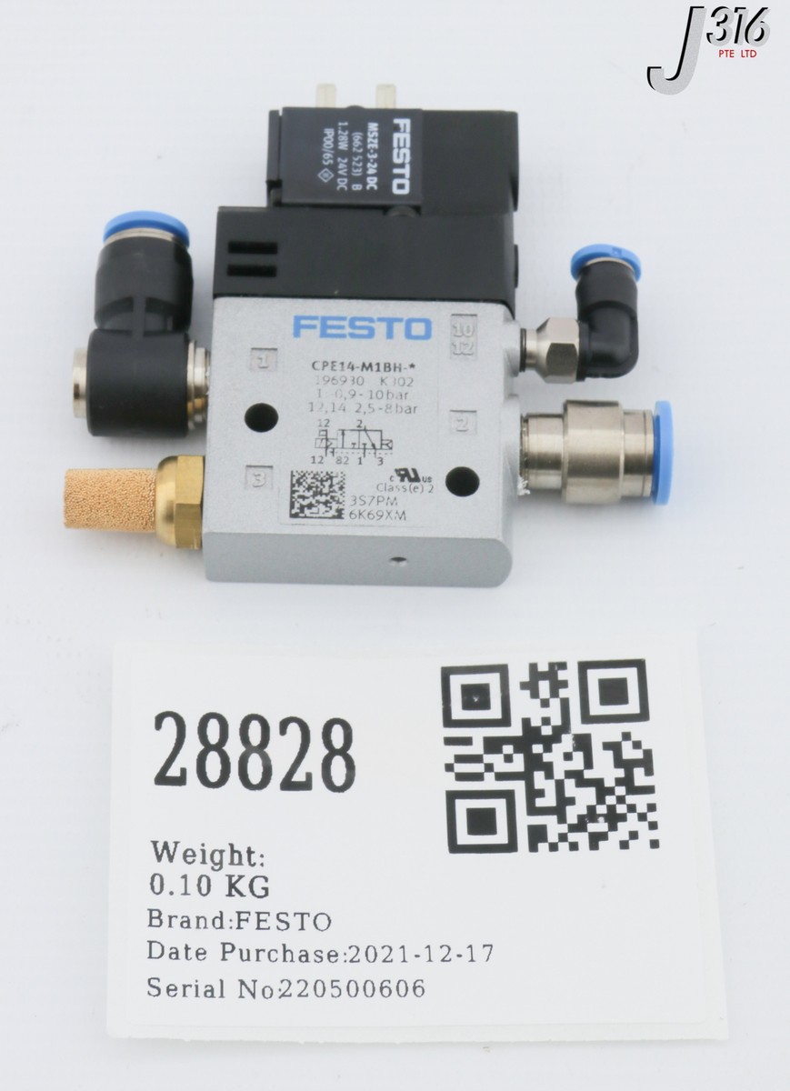 28828 FESTO AIR SOLENOID VLV, 196930 W/ SOLENOID COIL, MSZE-3-24
