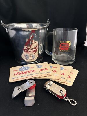 LOT Schlitz Beer  5'' Bucket, Hamm s Coasters, Blitz Stein & OLY Openers