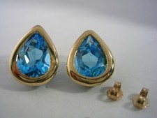 BLUE TOPAZ PEAR SHAPED EARRINGS SET IN 14KT GOLD BEZELS 14MM X 10MM LONDON BLUE