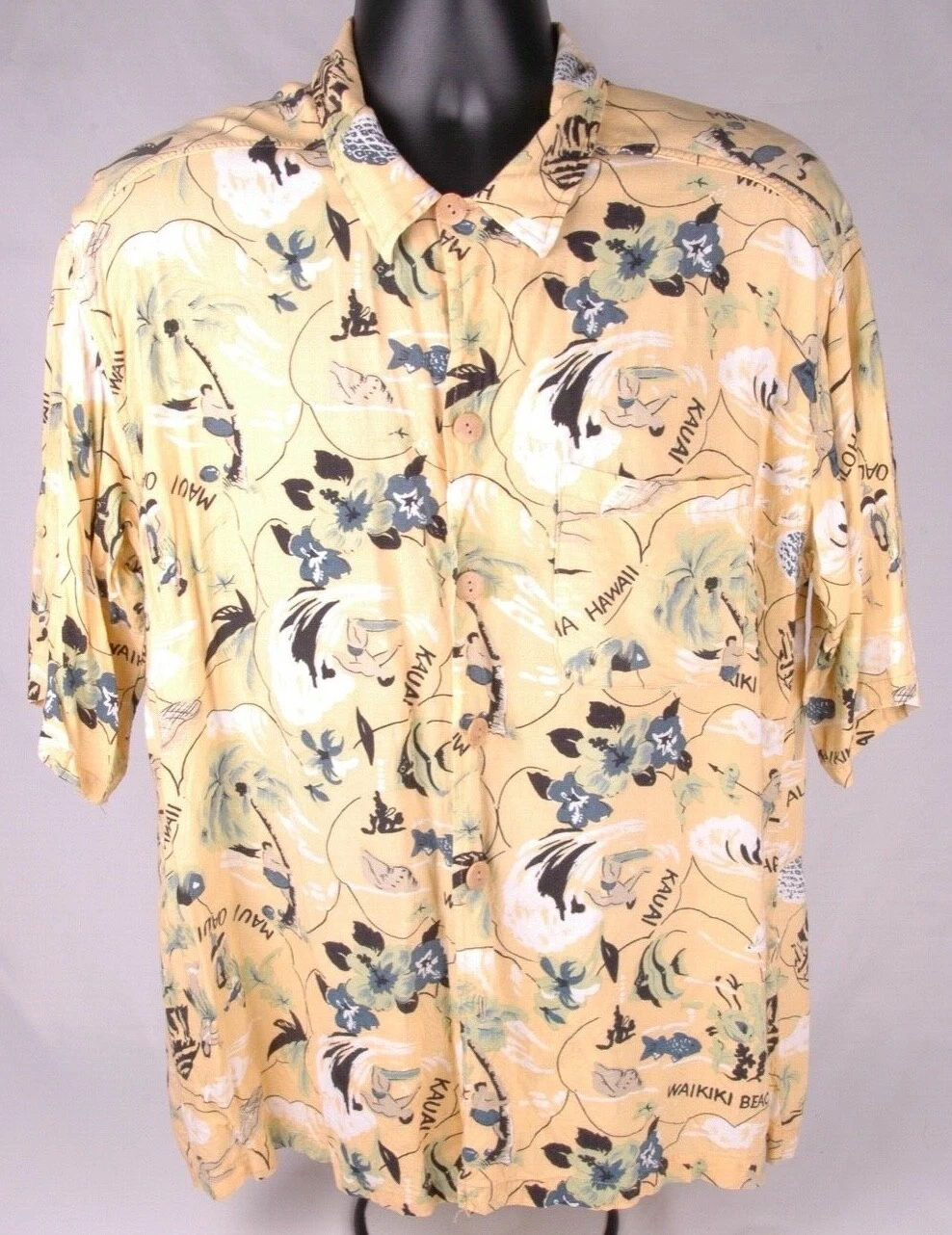 Vtg BON HOMME Hawaiian Shirt-Floral-Yellow-Button Up-Made in USA