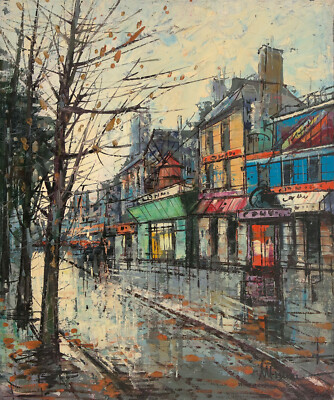 MIMAR Signed Vtg cEarly 1960s Painting Streetscene Moulin Rouge in PARIS, France