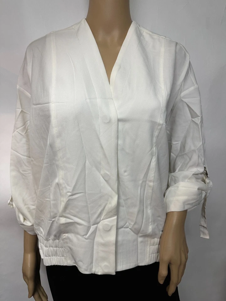 Chaqueta tejida para mujer con lengüeta enrollable manga abotonada talla M con bolsillos marfil Foto 3 de 4