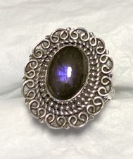 Beautiful Purple Flash Labradorite Ring 935 Sterling Silver Size 9  