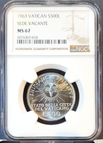 1963 VATICAN SILVER 500 LIRE S500L SEDE VACANTE NGC MS 67 GEM BU GREAT LUSTER