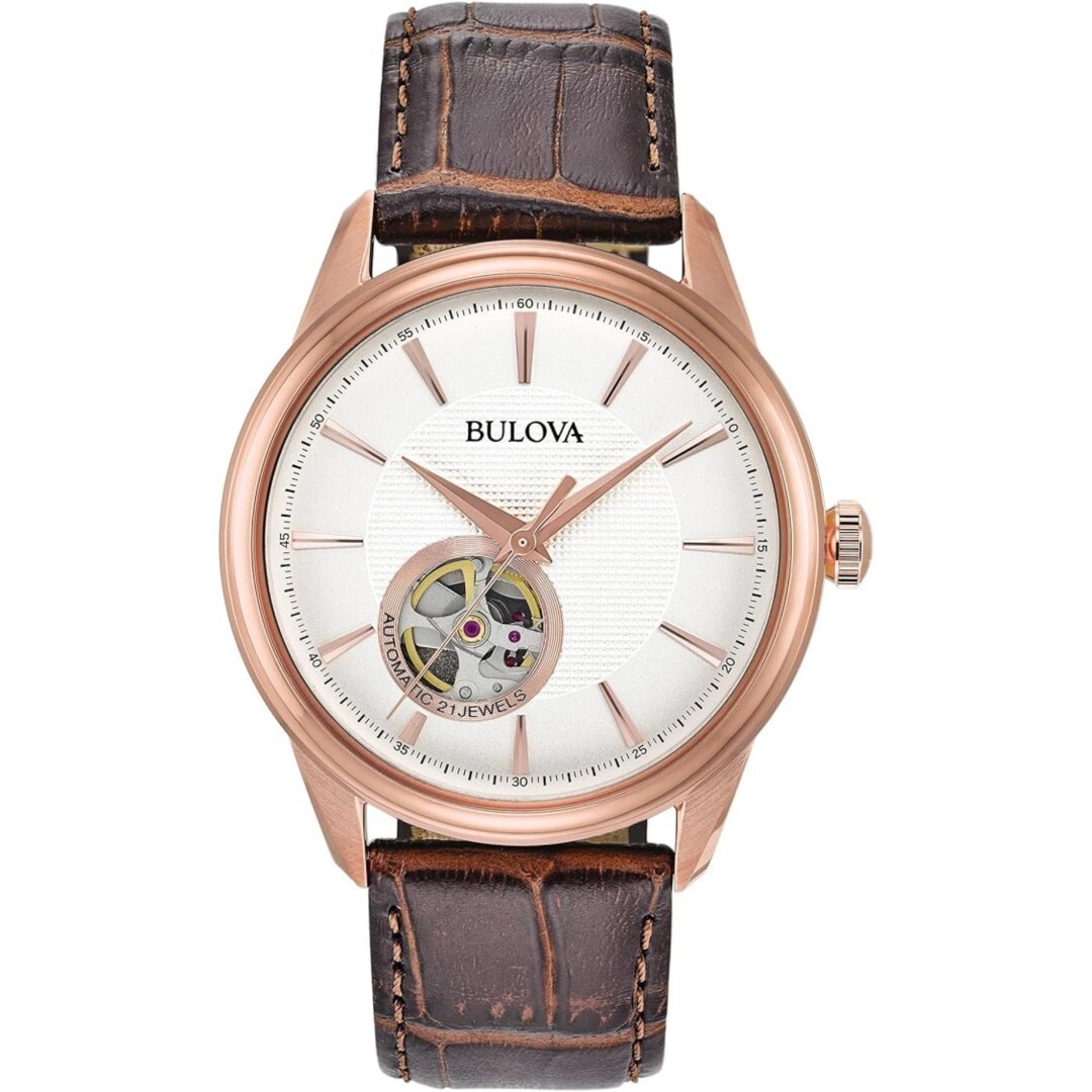 Bulova Mens Automatic 41mm Rose Gold Open-Heart Leather Strap 