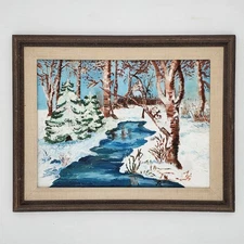 Vintage Original Signed Framed Oil Painting Winter Snow River Landscape Iowa Art