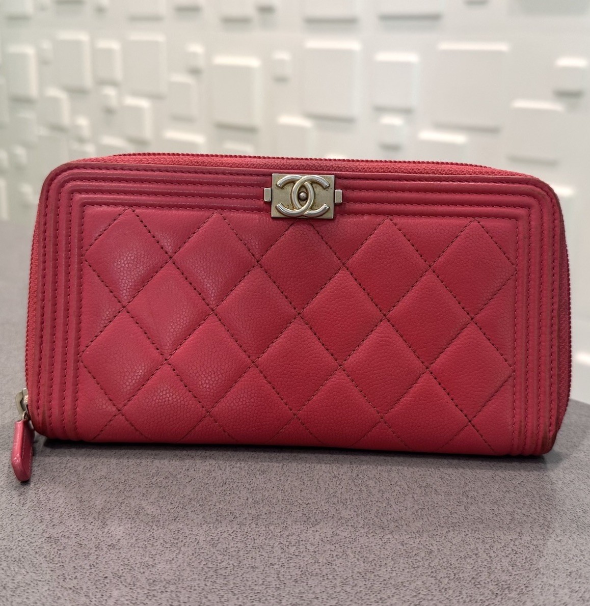 SALE!! Authentic CHANEL Boy Chanel Caviar Quilted Long Zip Around Wallet Fuchsia-image