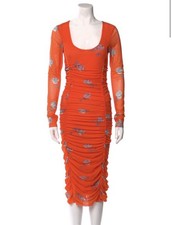 Ganni Ruched Orange Floral Mesh Maxi Dress IT 36 Bodycon
